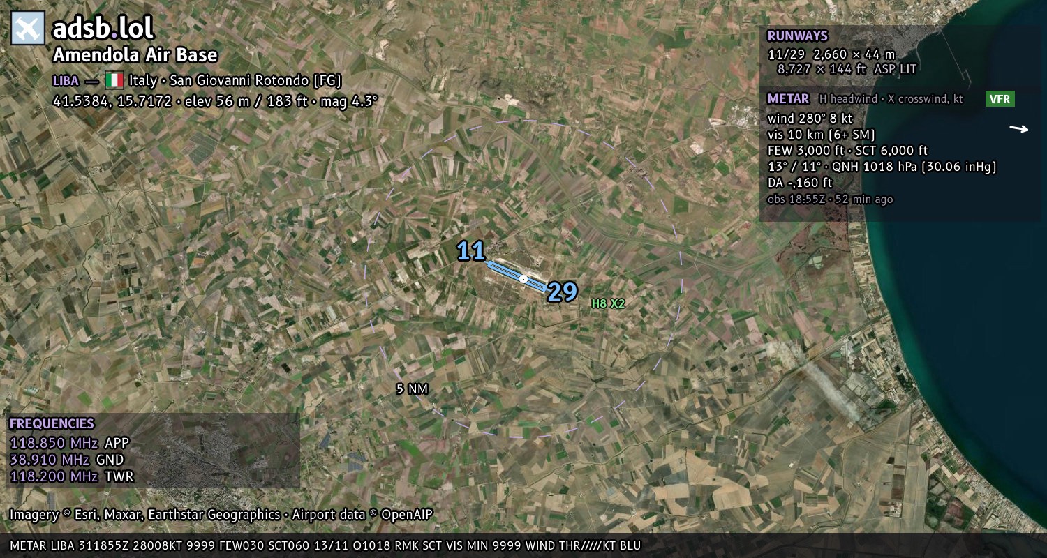 Satellite map with the runway layout of Amendola Air Base (LIBA)