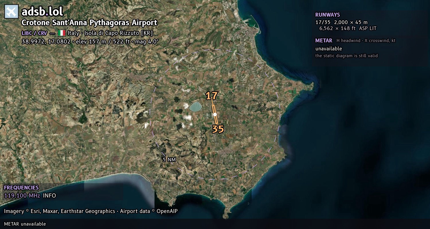 Satellite map with the runway layout of Crotone Sant'Anna Pythagoras Airport (LIBC)
