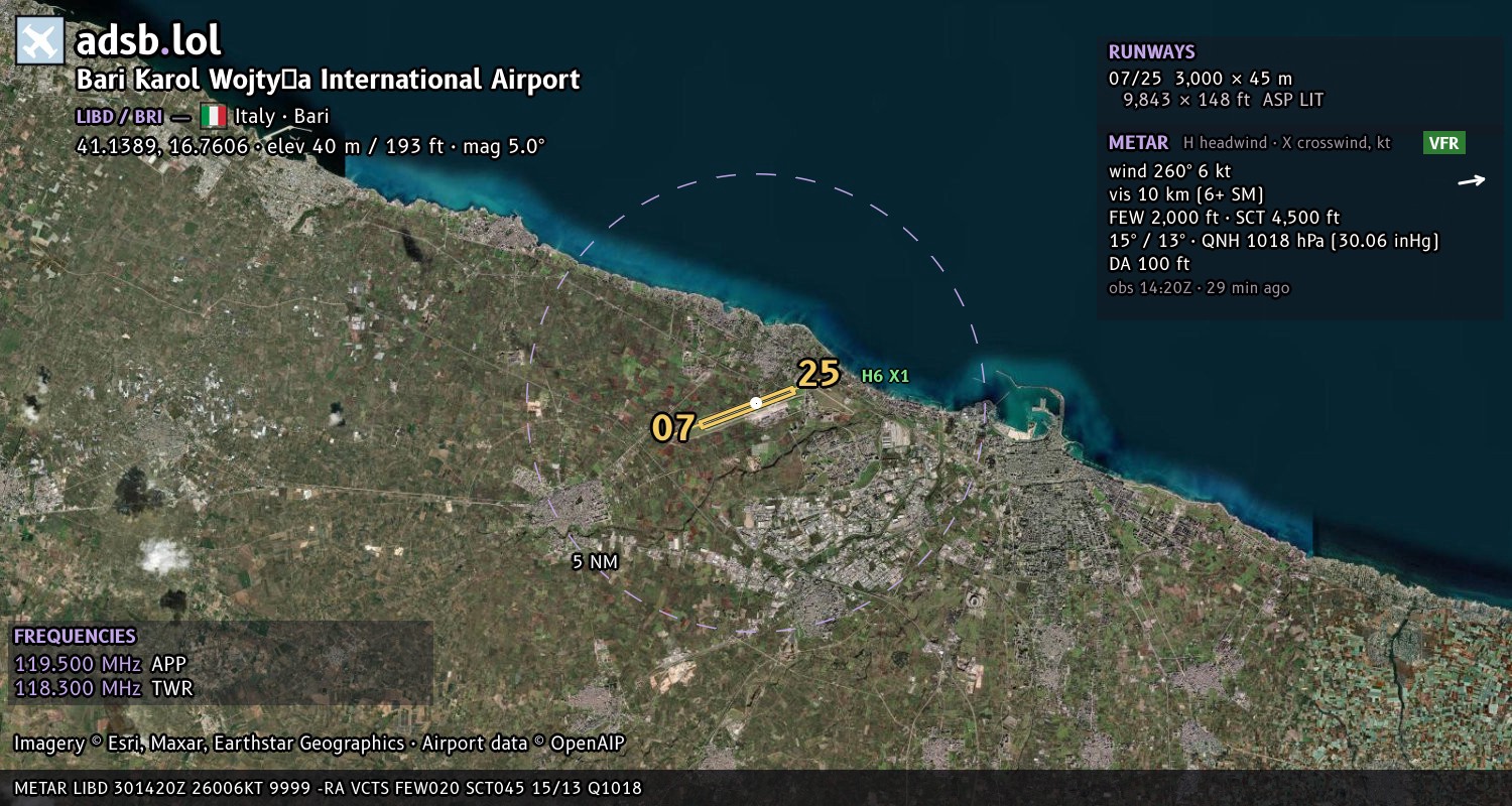 Satellite map with the runway layout of Bari Karol Wojtyła International Airport (LIBD)