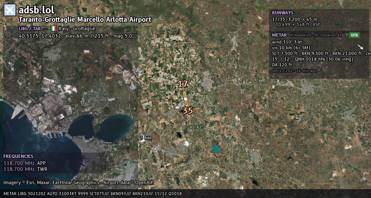 Satellite map with the runway layout of Taranto-Grottaglie Marcello Arlotta Airport (LIBG)