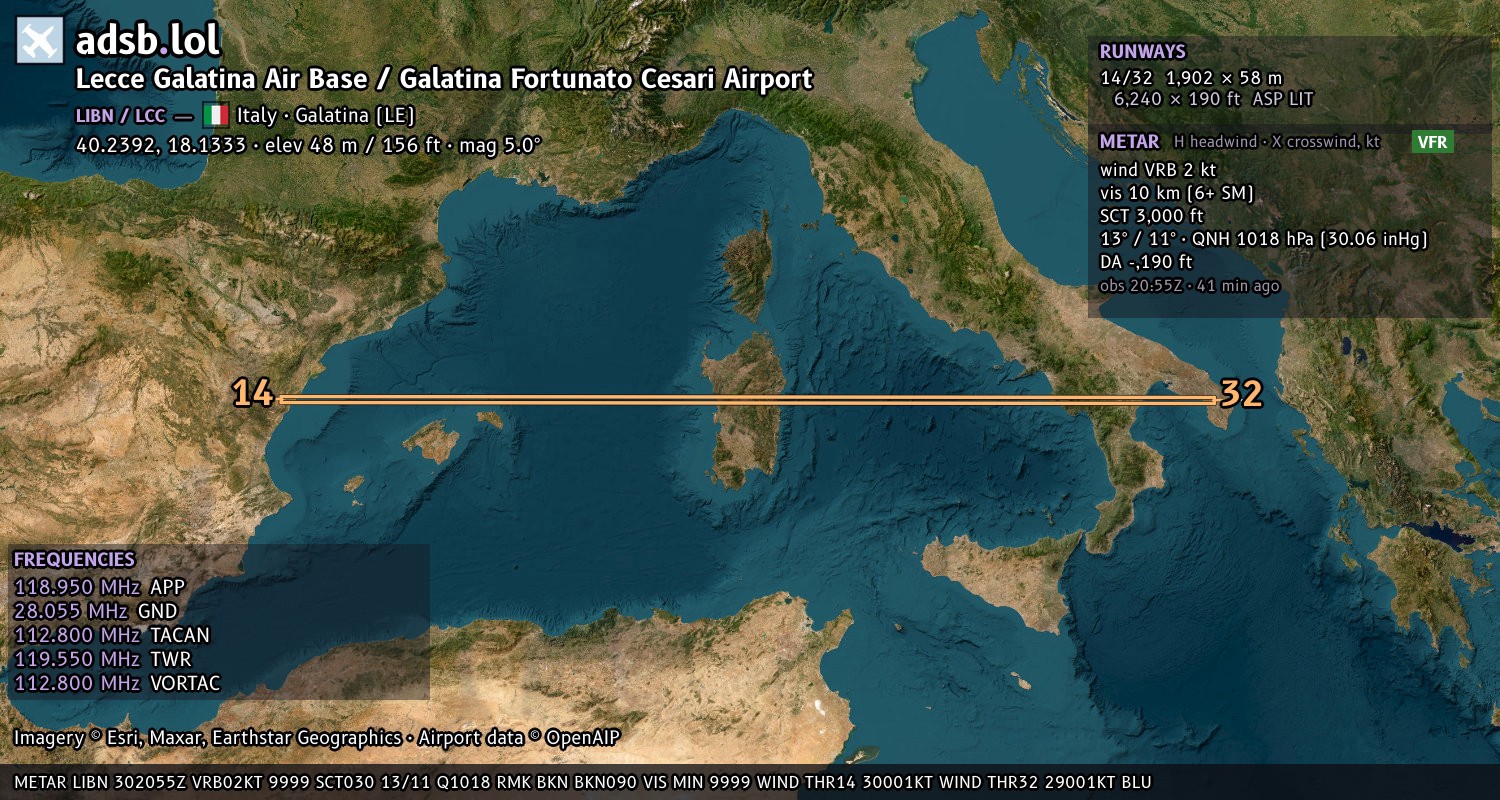 Satellite map with the runway layout of Lecce Galatina Air Base / Galatina Fortunato Cesari Airport (LIBN)