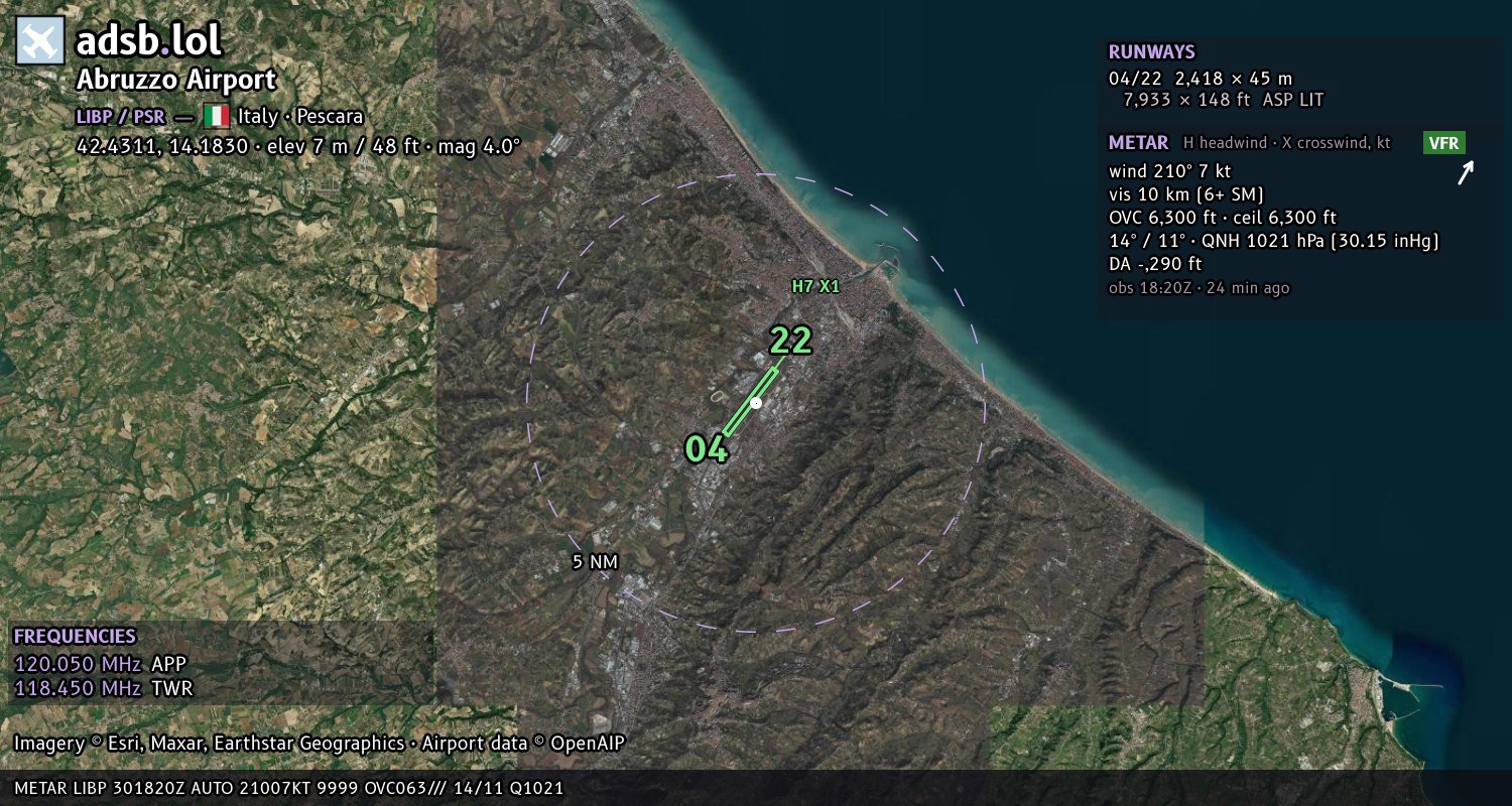 Satellite map with the runway layout of Abruzzo Airport (LIBP)
