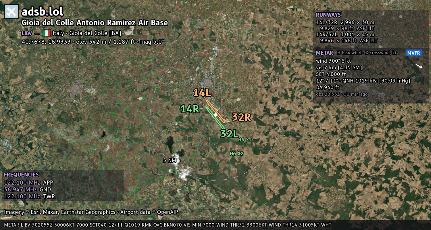 Satellite map with the runway layout of Gioia del Colle Antonio Ramirez Air Base (LIBV)
