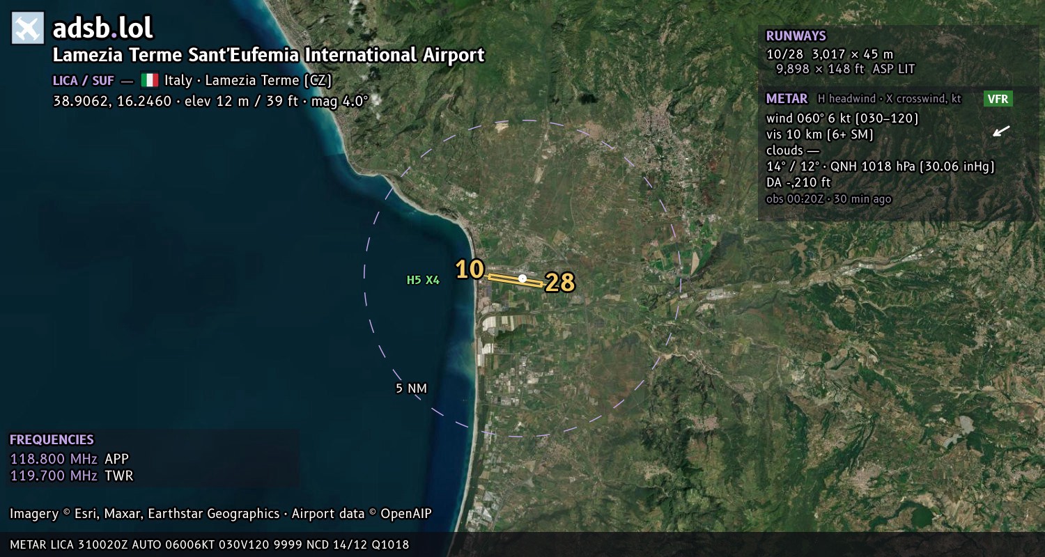 Satellite map with the runway layout of Lamezia Terme Sant'Eufemia International Airport (LICA)