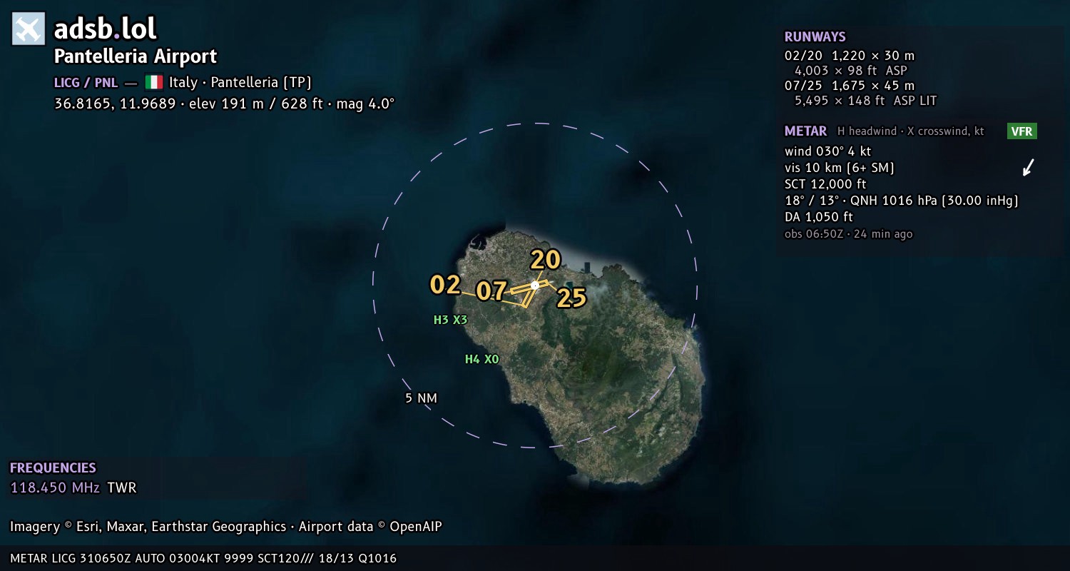 Satellite map with the runway layout of Pantelleria Airport (LICG)