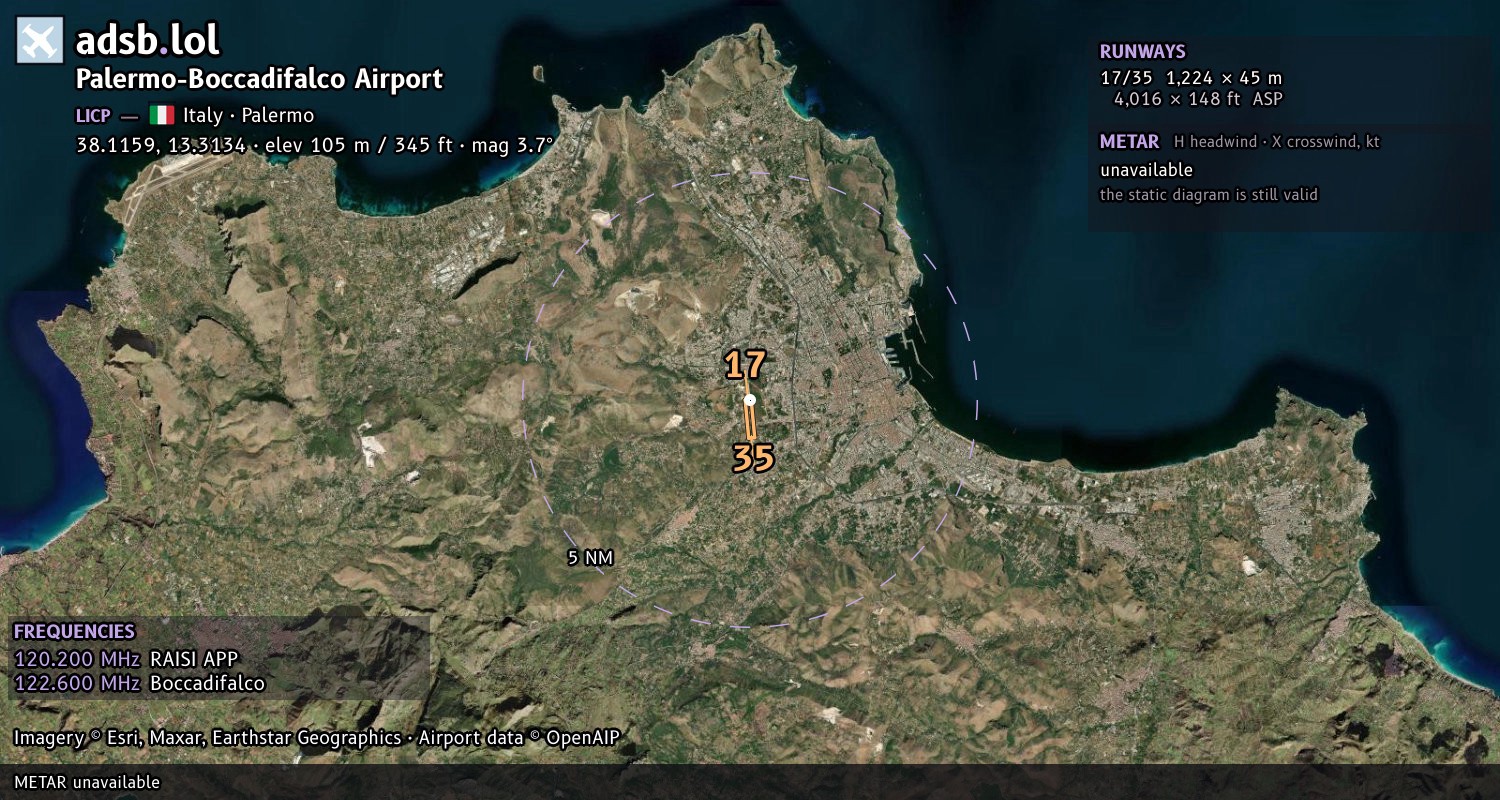 Satellite map with the runway layout of Palermo-Boccadifalco Airport (LICP)