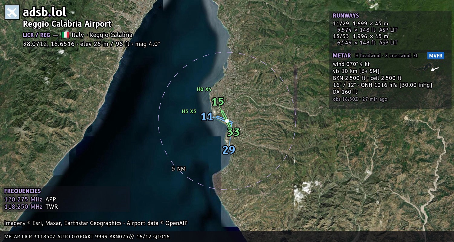 Satellite map with the runway layout of Reggio Calabria Airport (LICR)