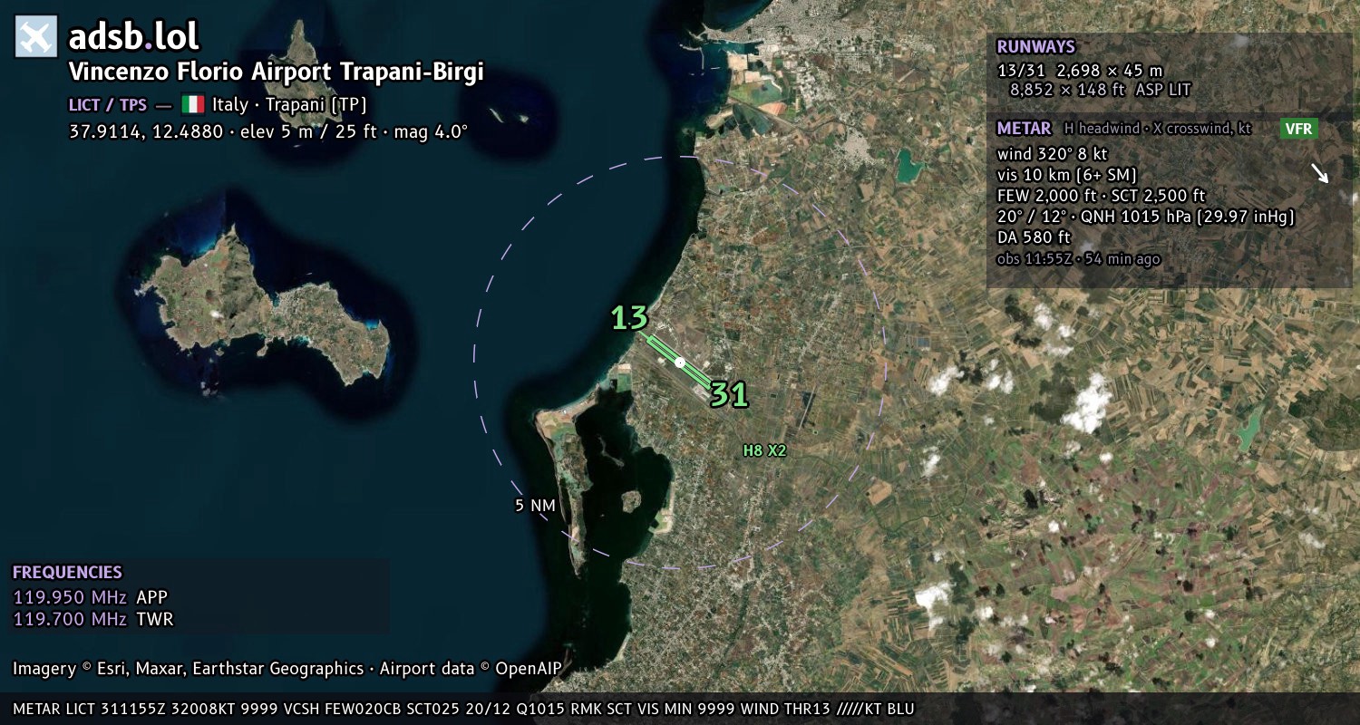 Satellite map with the runway layout of Vincenzo Florio Airport Trapani-Birgi (LICT)