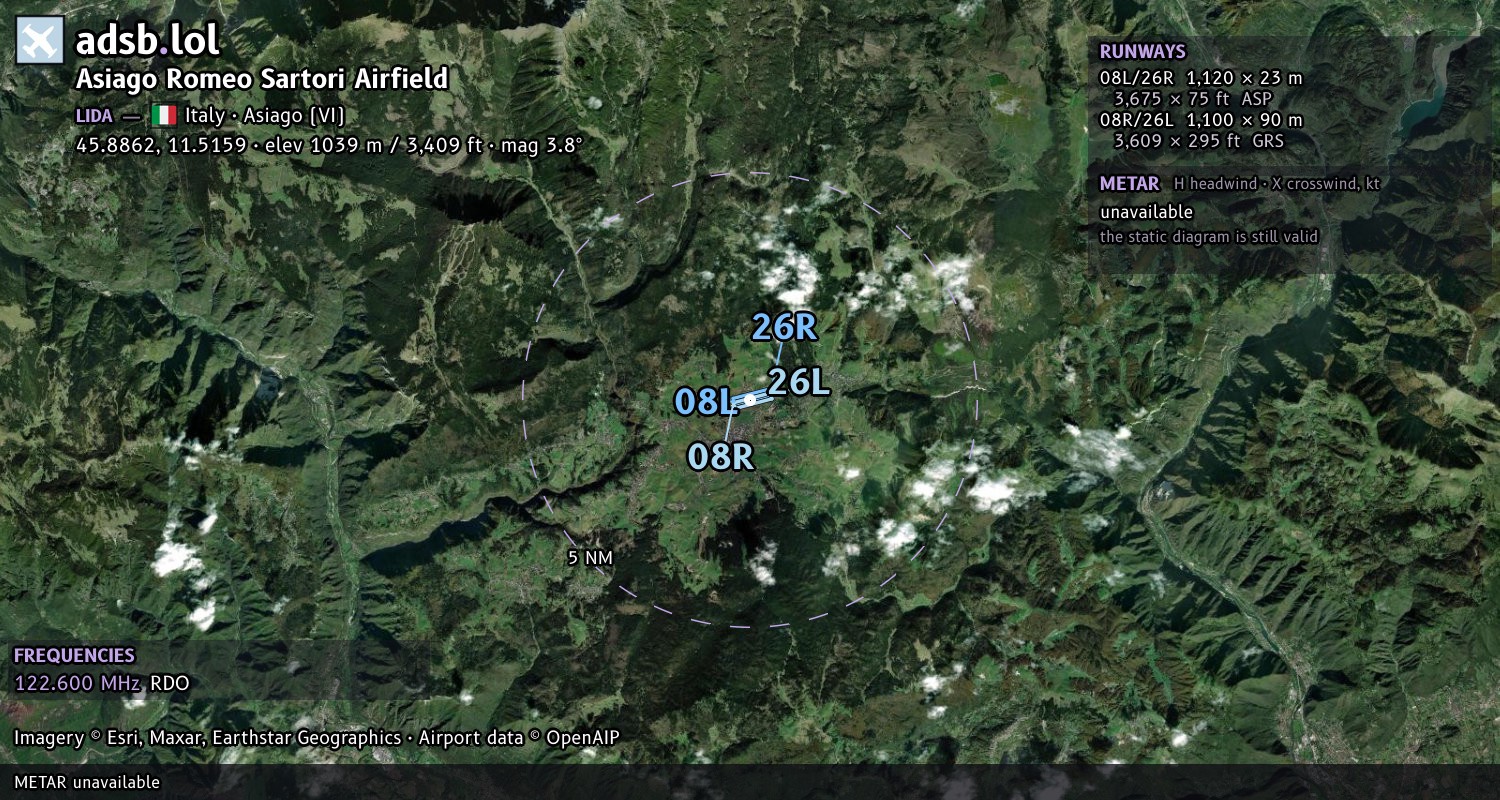 Satellite map with the runway layout of Asiago Romeo Sartori Airfield (LIDA)