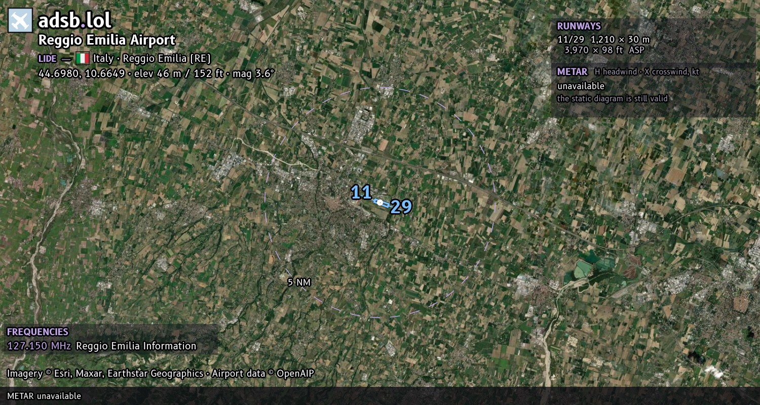 Satellite map with the runway layout of Reggio Emilia Airport (LIDE)