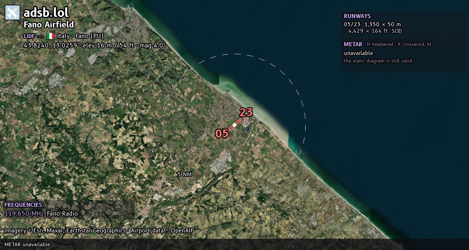Satellite map with the runway layout of Fano Airfield (LIDF)