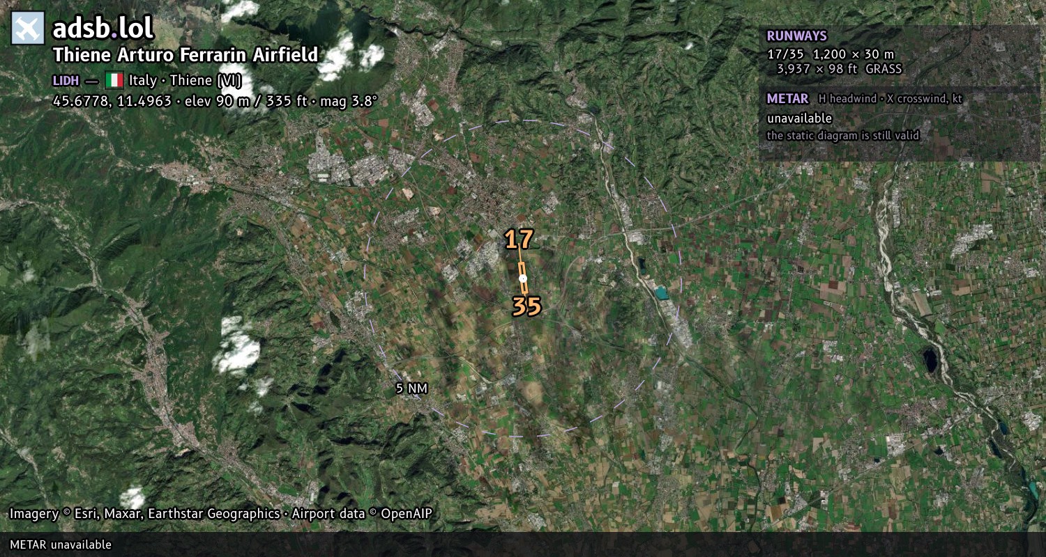 Satellite map with the runway layout of Thiene Arturo Ferrarin Airfield (LIDH)