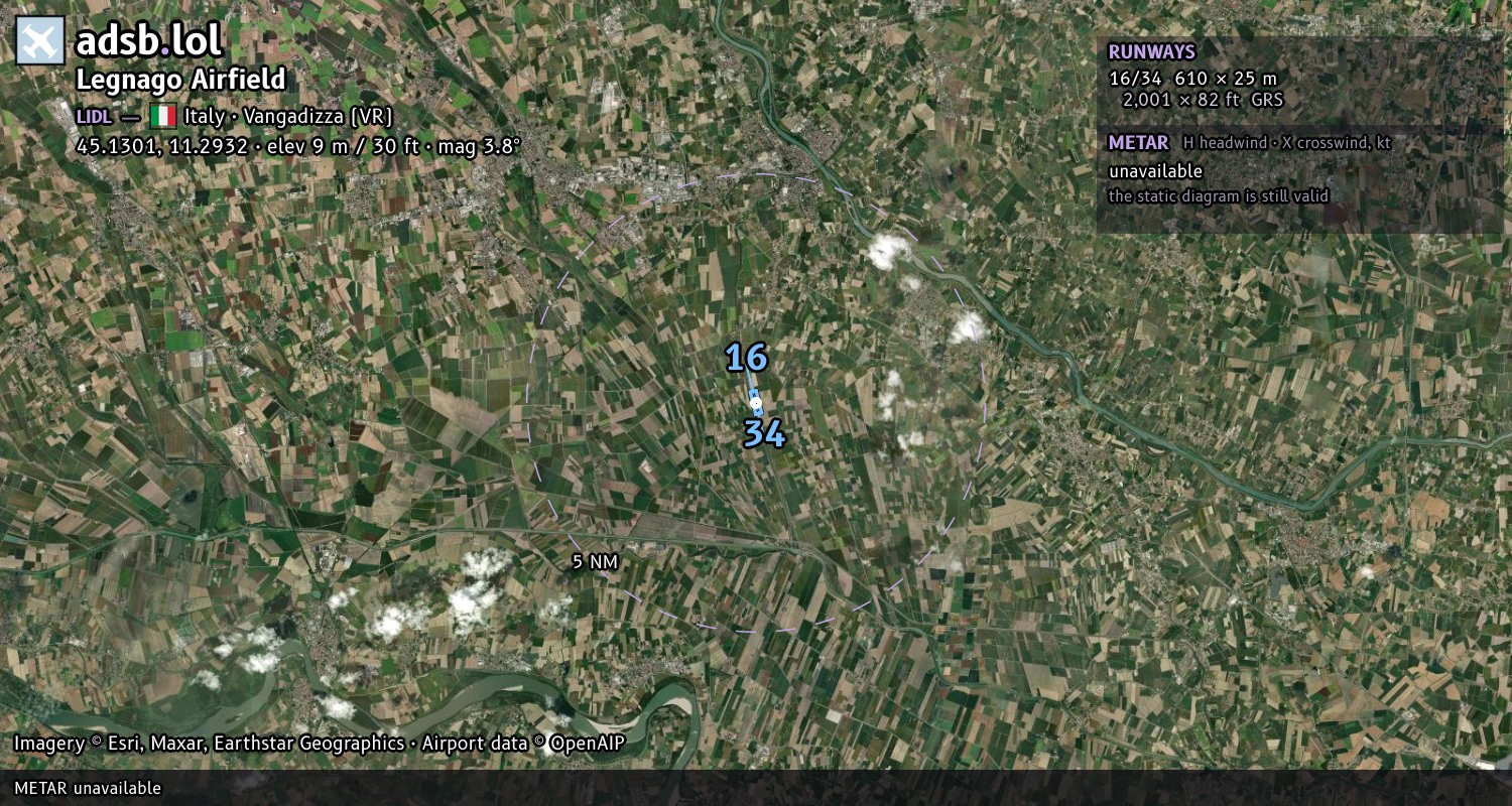 Satellite map with the runway layout of Legnago Airfield (LIDL)