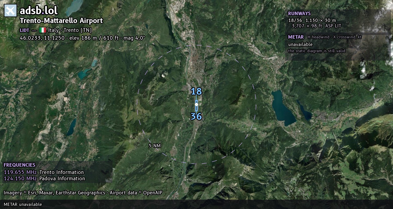 Satellite map with the runway layout of Trento-Mattarello Airport (LIDT)