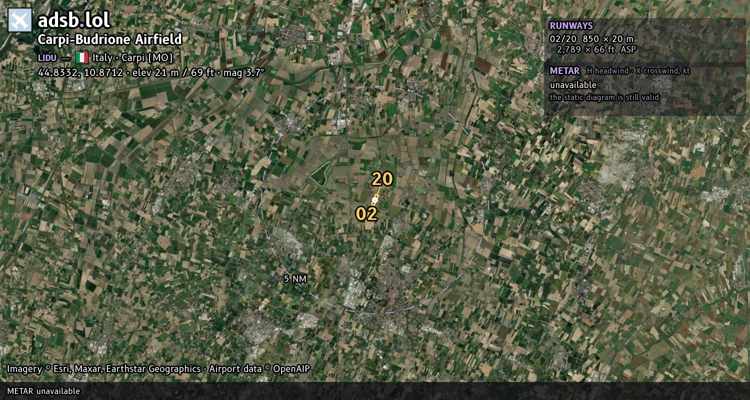 Satellite map with the runway layout of Carpi-Budrione Airfield (LIDU)