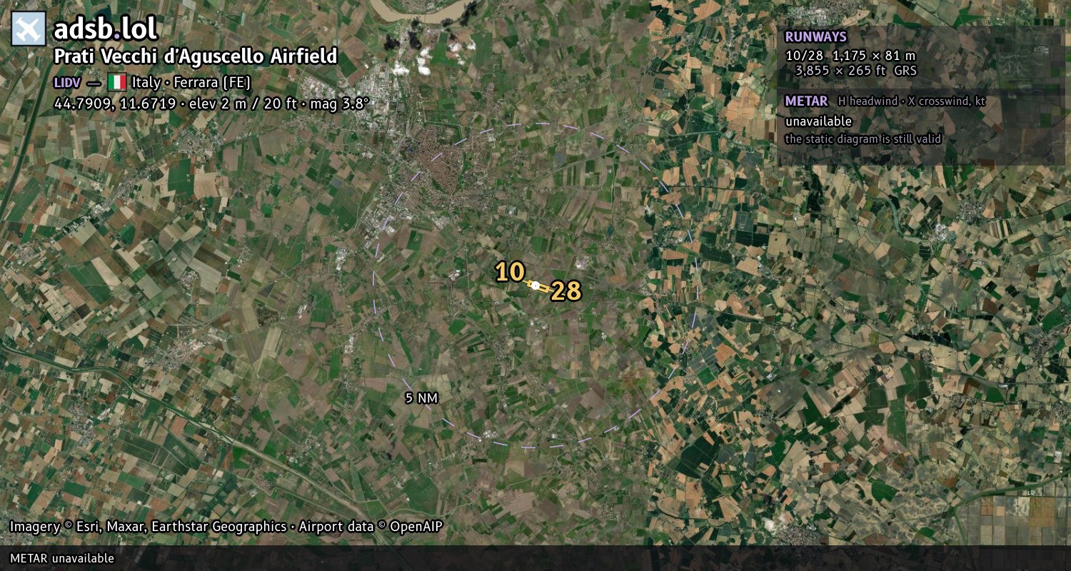 Satellite map with the runway layout of Prati Vecchi d'Aguscello Airfield (LIDV)