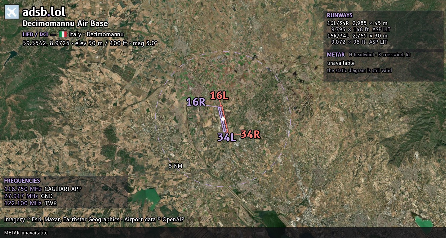 Satellite map with the runway layout of Decimomannu Air Base (LIED)