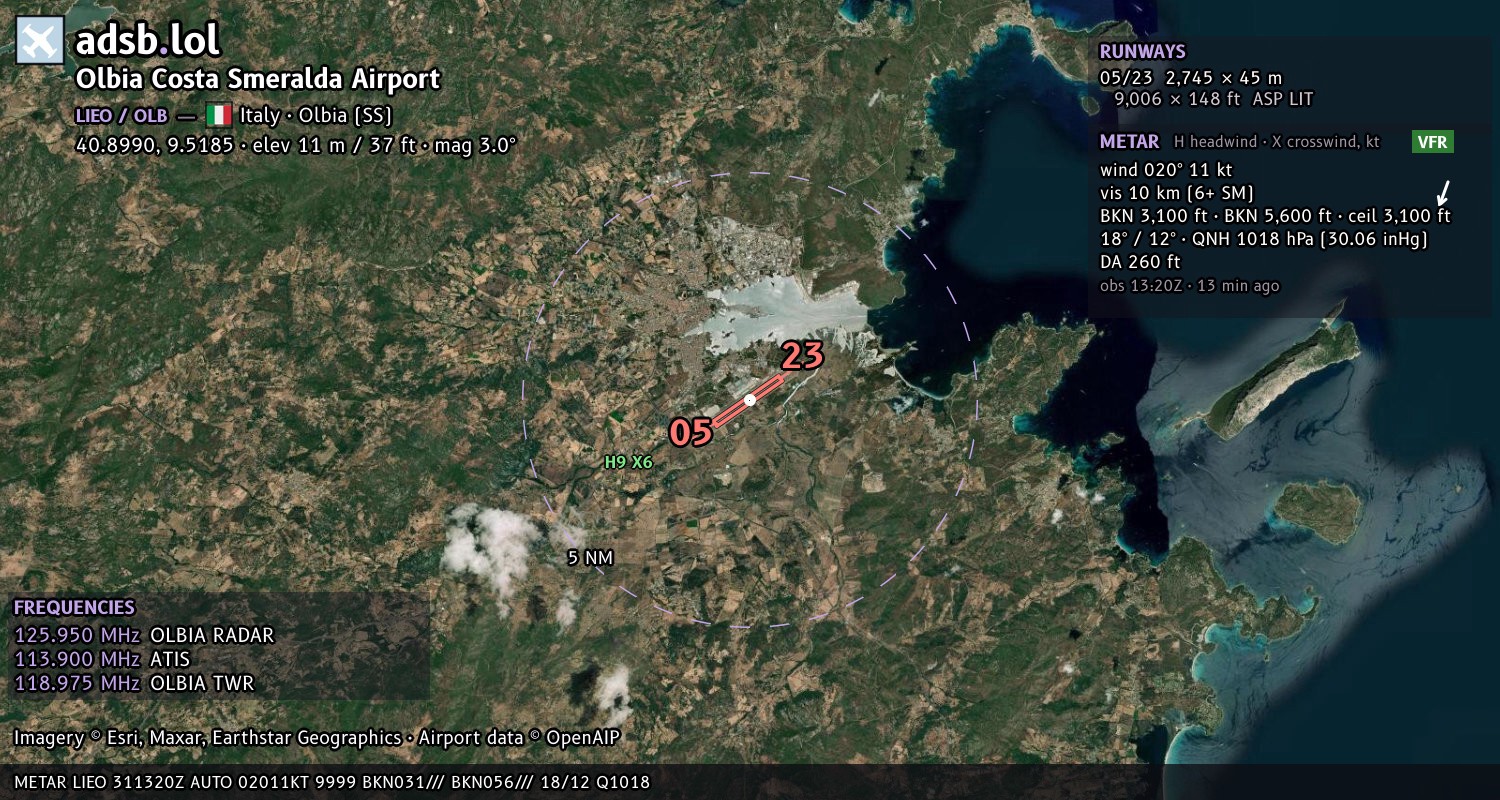 Satellite map with the runway layout of Olbia Costa Smeralda Airport (LIEO)