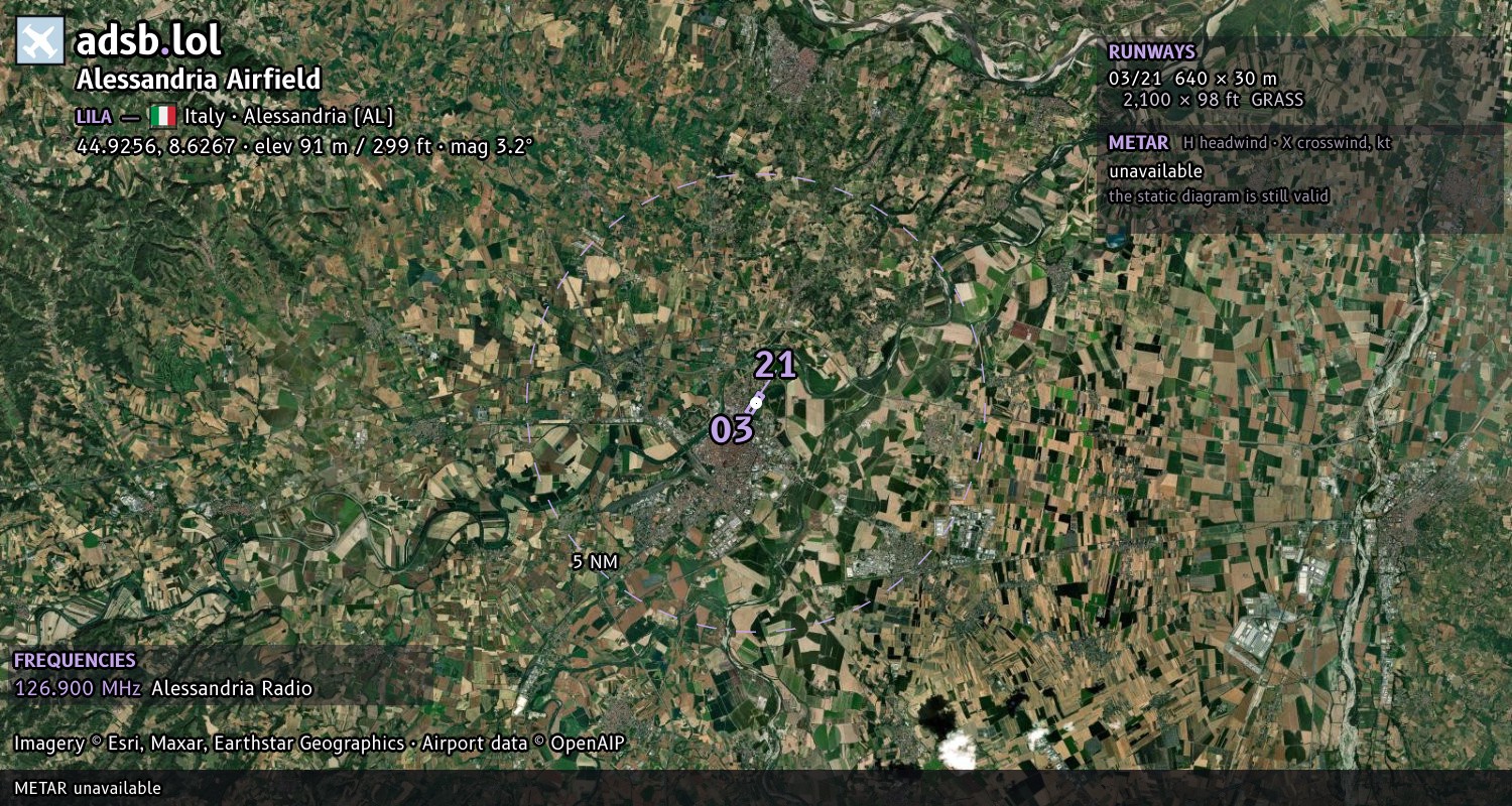 Satellite map with the runway layout of Alessandria Airfield (LILA)