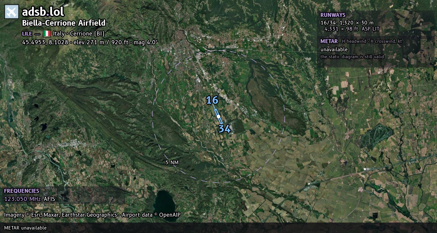 Satellite map with the runway layout of Biella-Cerrione Airfield (LILE)