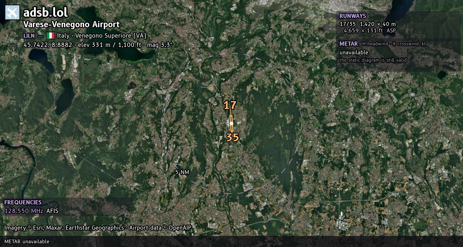 Satellite map with the runway layout of Varese-Venegono Airport (LILN)