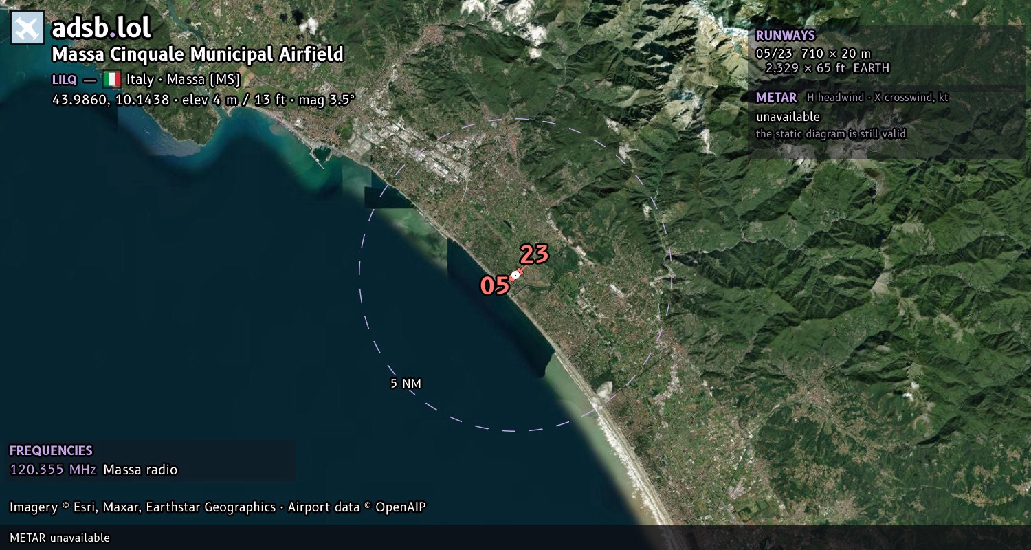 Satellite map with the runway layout of Massa Cinquale Municipal Airfield (LILQ)