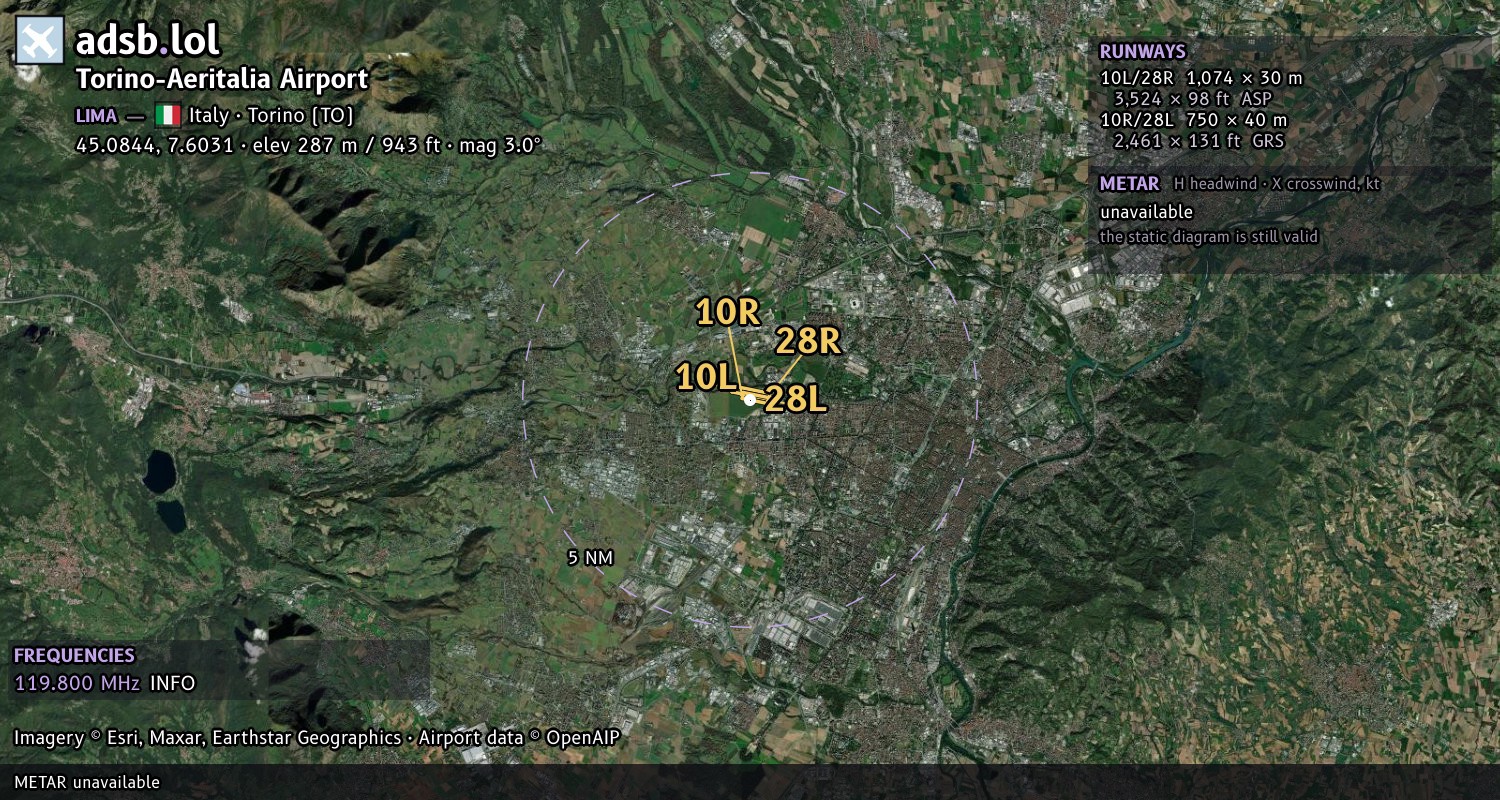 Satellite map with the runway layout of Torino-Aeritalia Airport (LIMA)