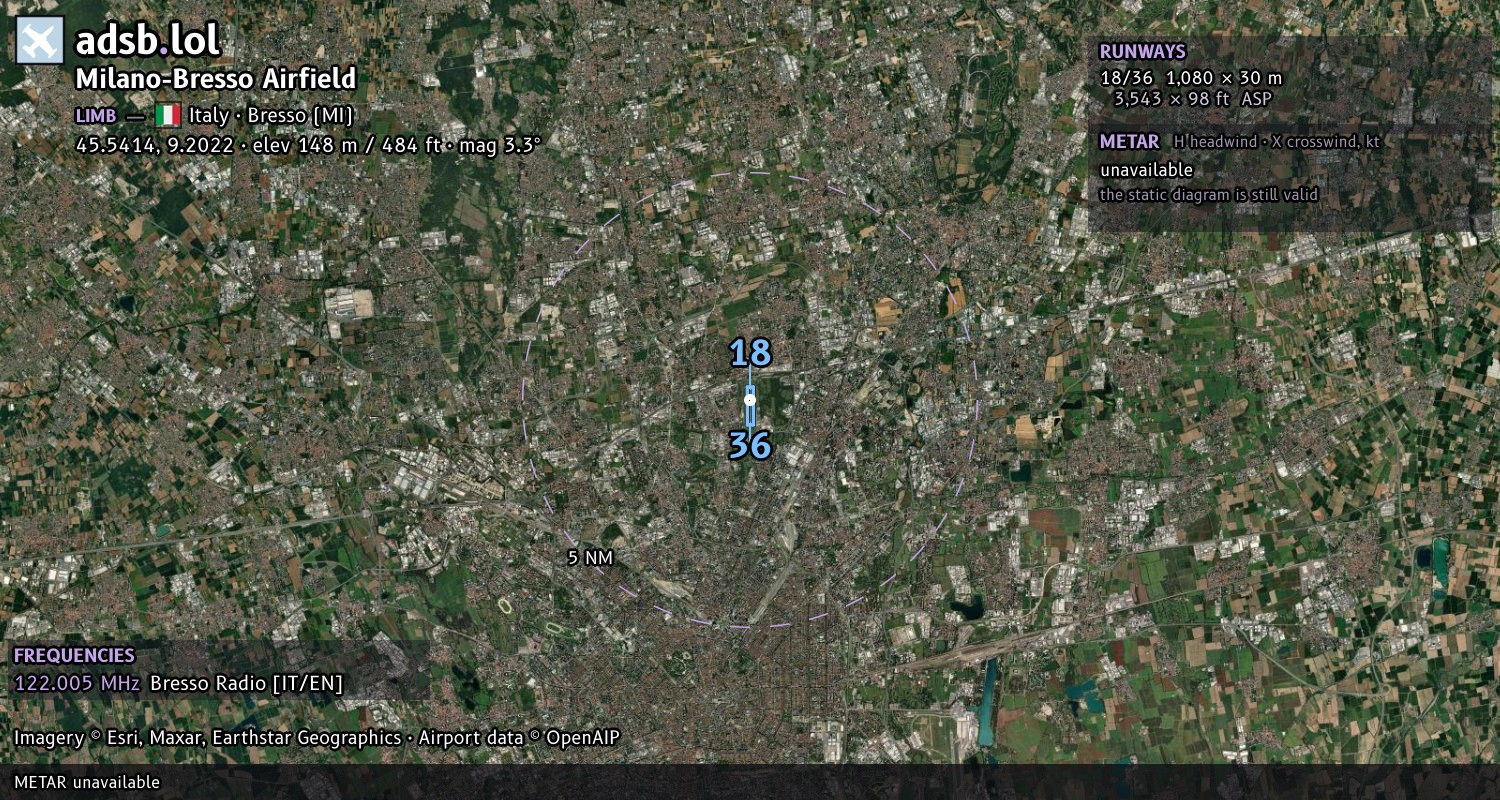 Satellite map with the runway layout of Milano-Bresso Airfield (LIMB)