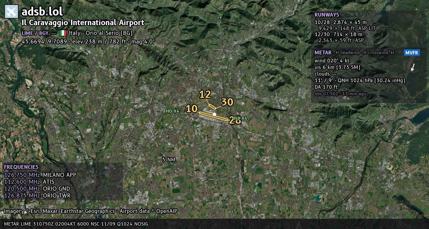 Satellite map with the runway layout of Il Caravaggio International Airport (LIME)