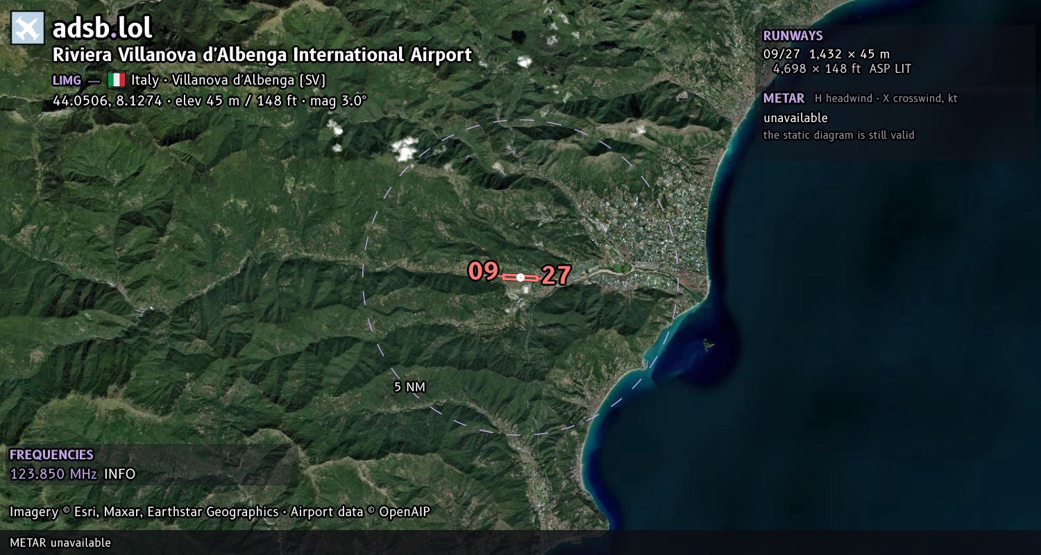 Satellite map with the runway layout of Riviera Villanova d'Albenga International Airport (LIMG)