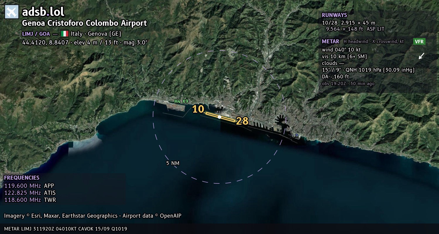 Satellite map with the runway layout of Genoa Cristoforo Colombo Airport (LIMJ)