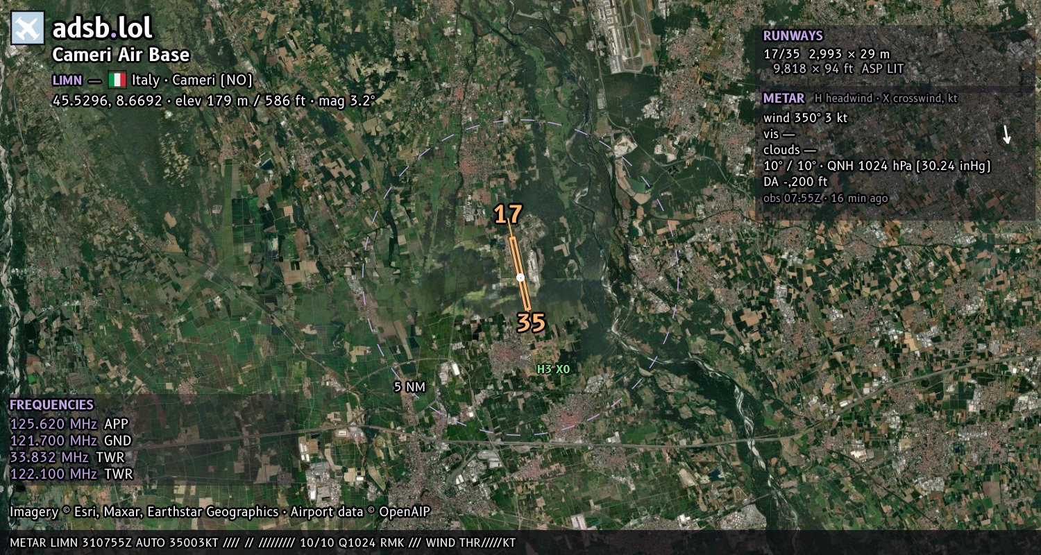 Satellite map with the runway layout of Cameri Air Base (LIMN)