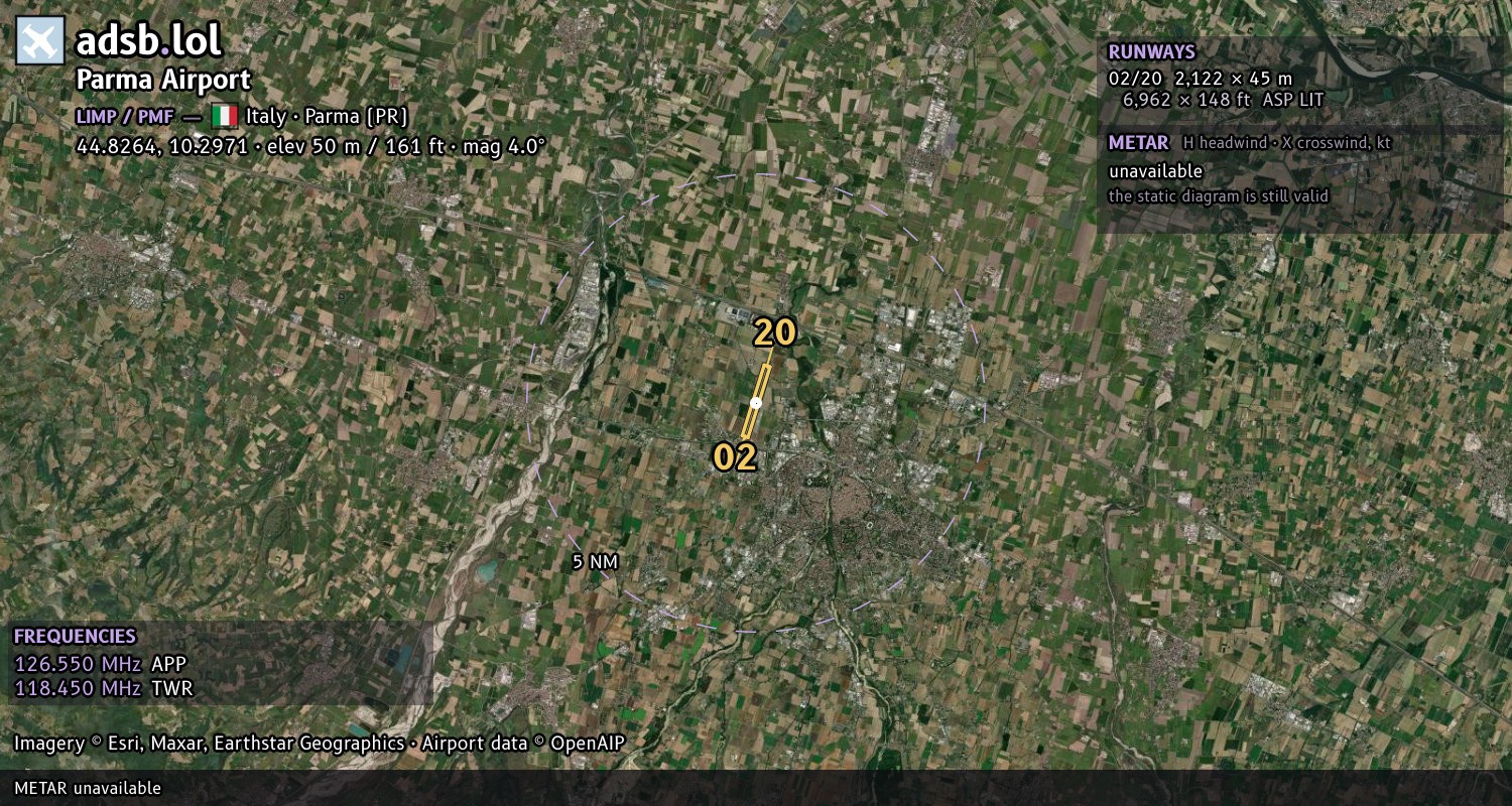 Satellite map with the runway layout of Parma Airport (LIMP)