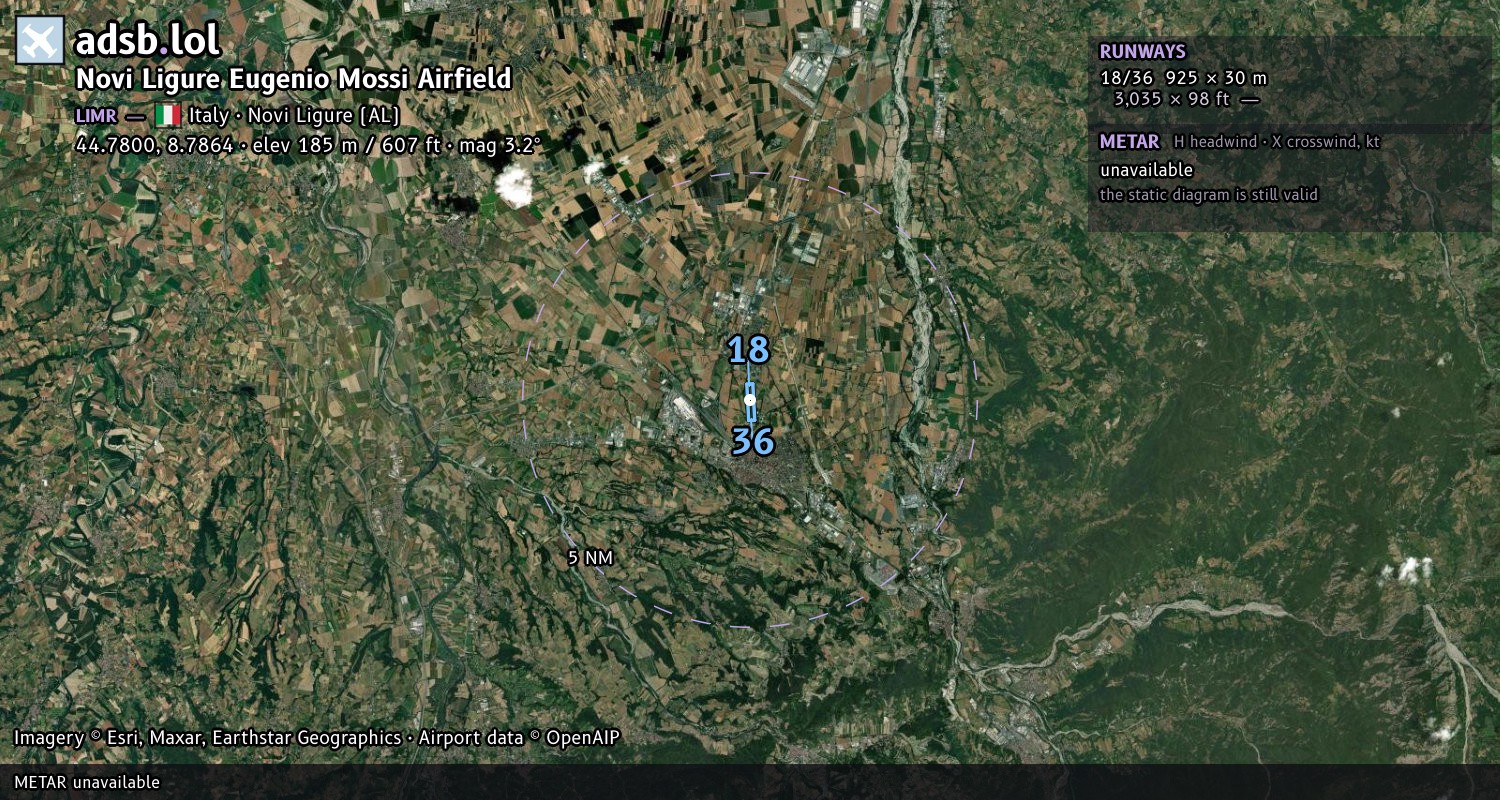 Satellite map with the runway layout of Novi Ligure Eugenio Mossi Airfield (LIMR)
