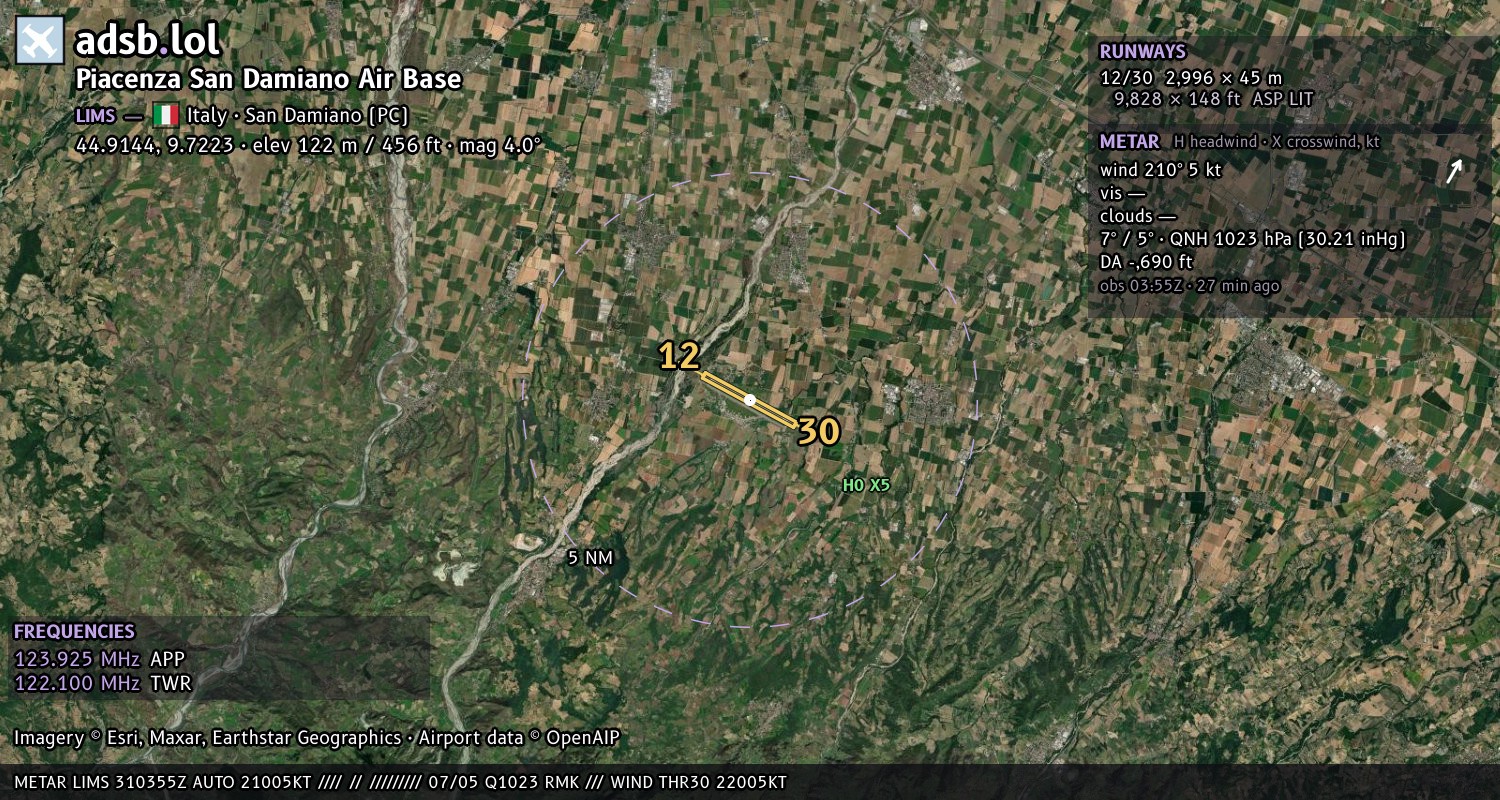 Satellite map with the runway layout of Piacenza San Damiano Air Base (LIMS)