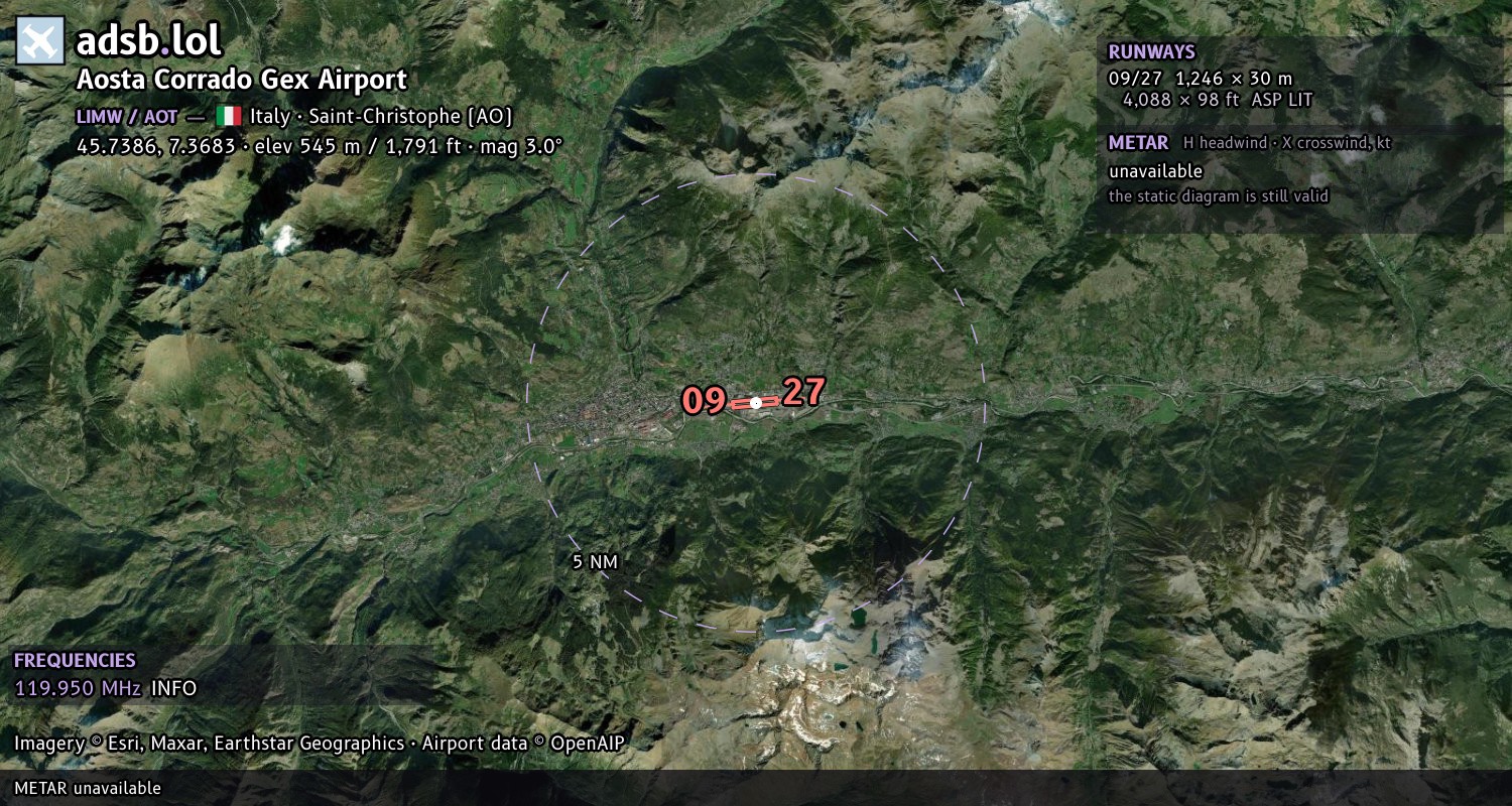 Satellite map with the runway layout of Aosta Corrado Gex Airport (LIMW)