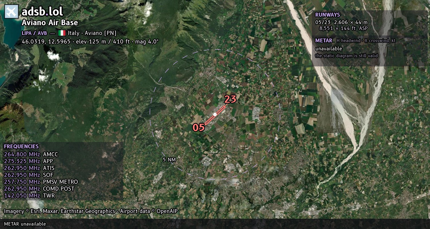 Satellite map with the runway layout of Aviano Air Base (LIPA)