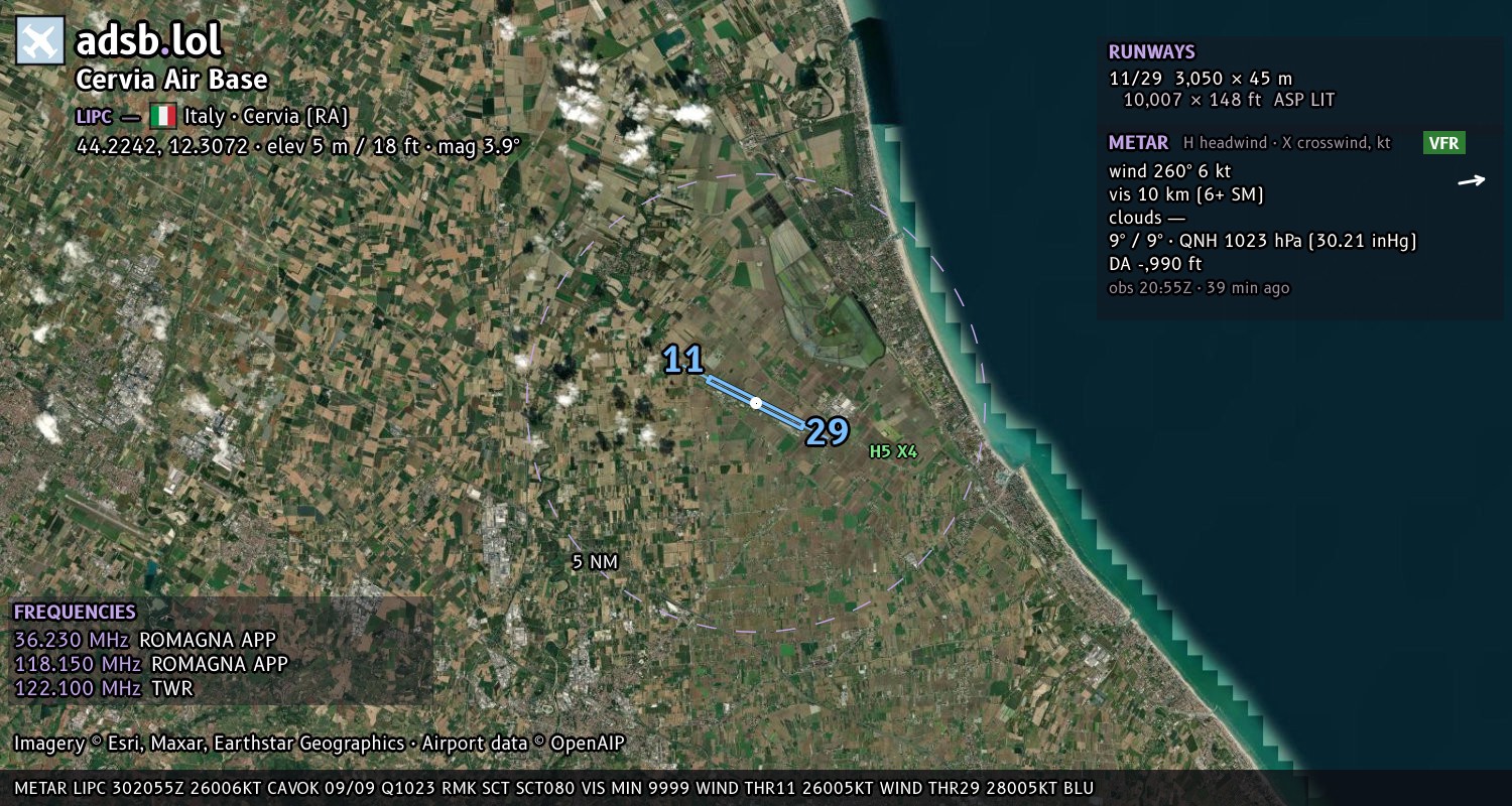 Satellite map with the runway layout of Cervia Air Base (LIPC)