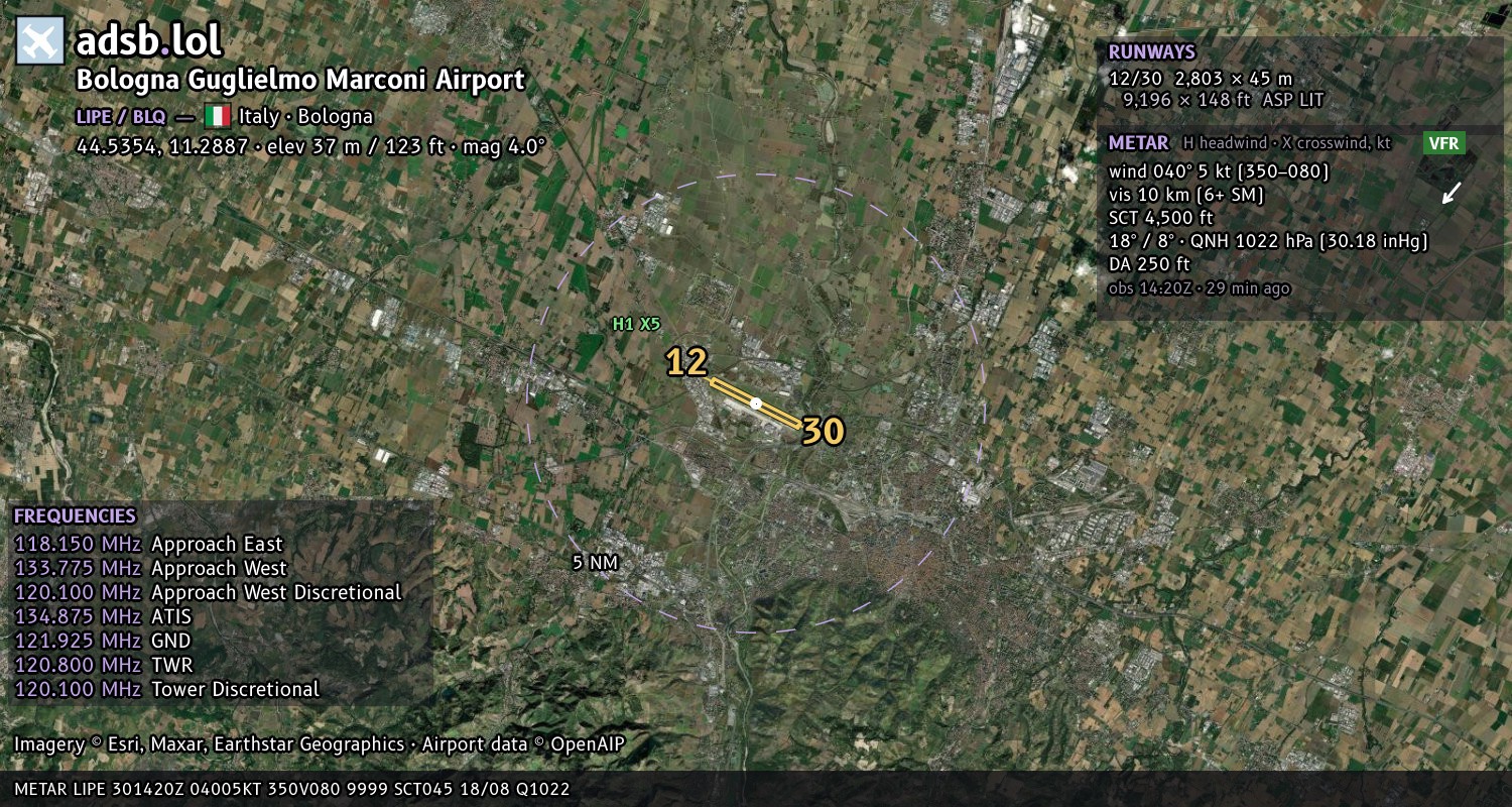 Satellite map with the runway layout of Bologna Guglielmo Marconi Airport (LIPE)