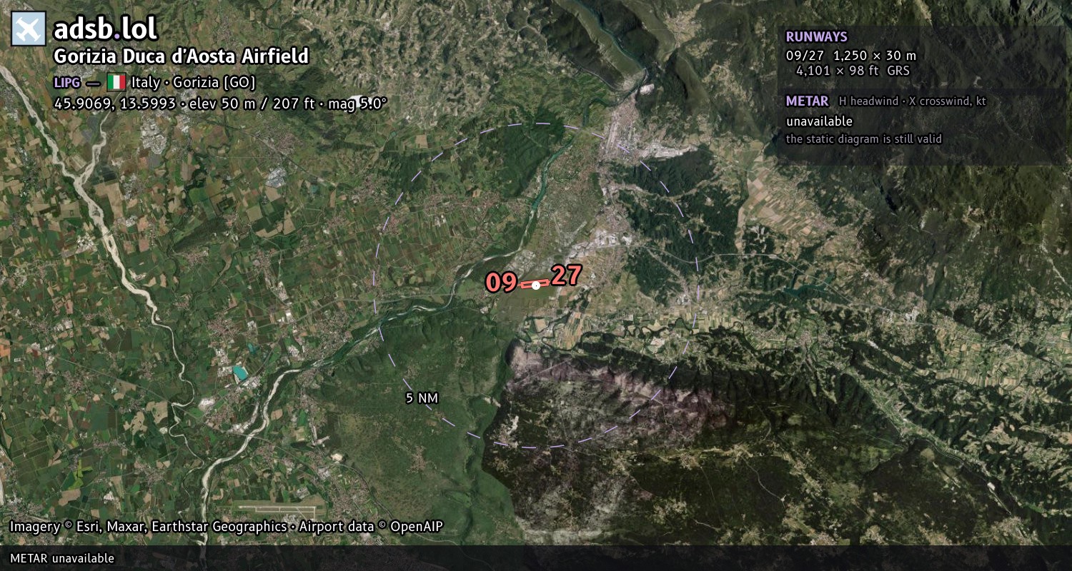 Satellite map with the runway layout of Gorizia Duca d'Aosta Airfield (LIPG)