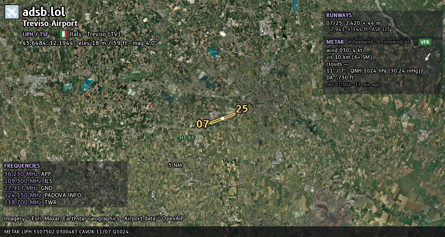 Satellite map with the runway layout of Treviso Airport (LIPH)