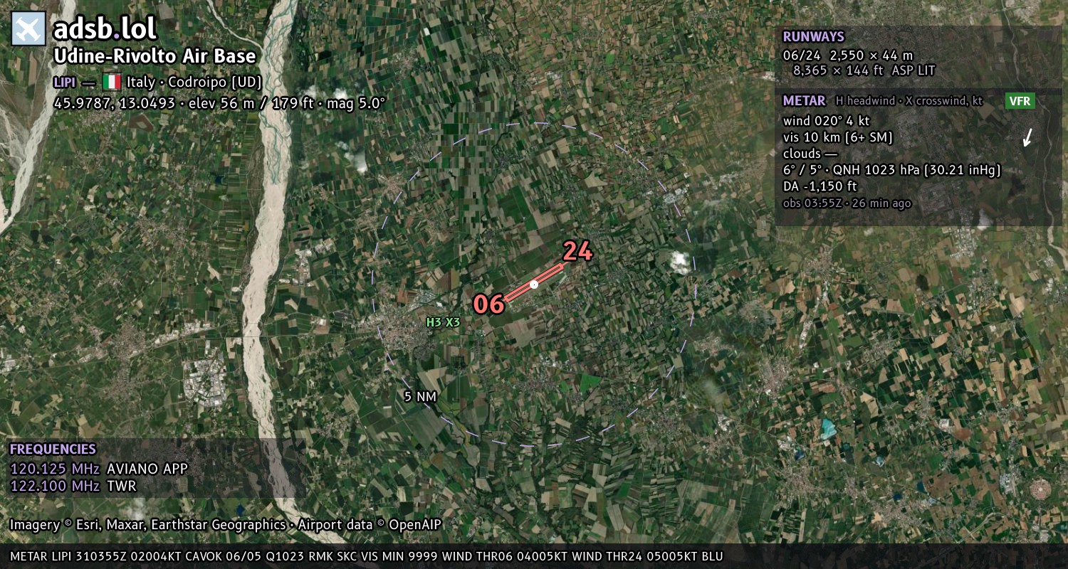 Satellite map with the runway layout of Udine-Rivolto Air Base (LIPI)