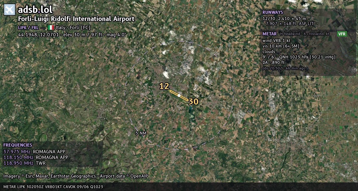 Satellite map with the runway layout of Forlì-Luigi Ridolfi International Airport (LIPK)