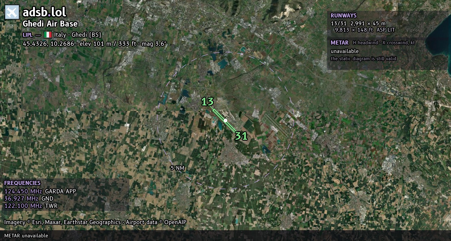 Satellite map with the runway layout of Ghedi Air Base (LIPL)