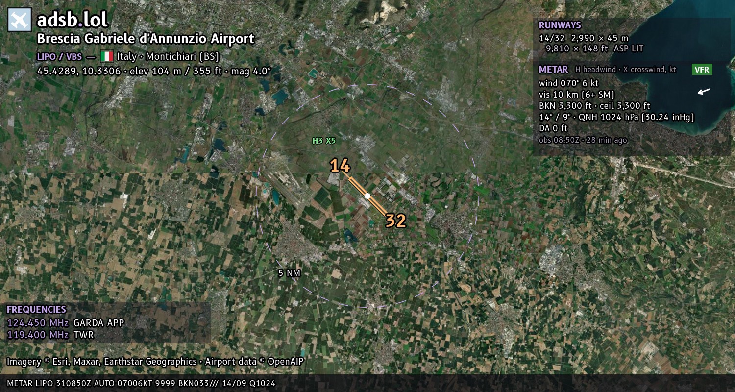 Satellite map with the runway layout of Brescia Gabriele d'Annunzio Airport (LIPO)