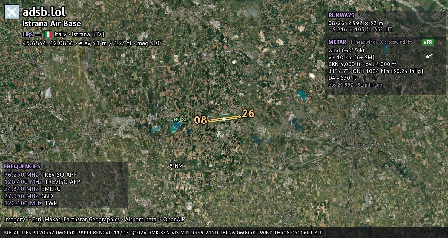 Satellite map with the runway layout of Istrana Air Base (LIPS)
