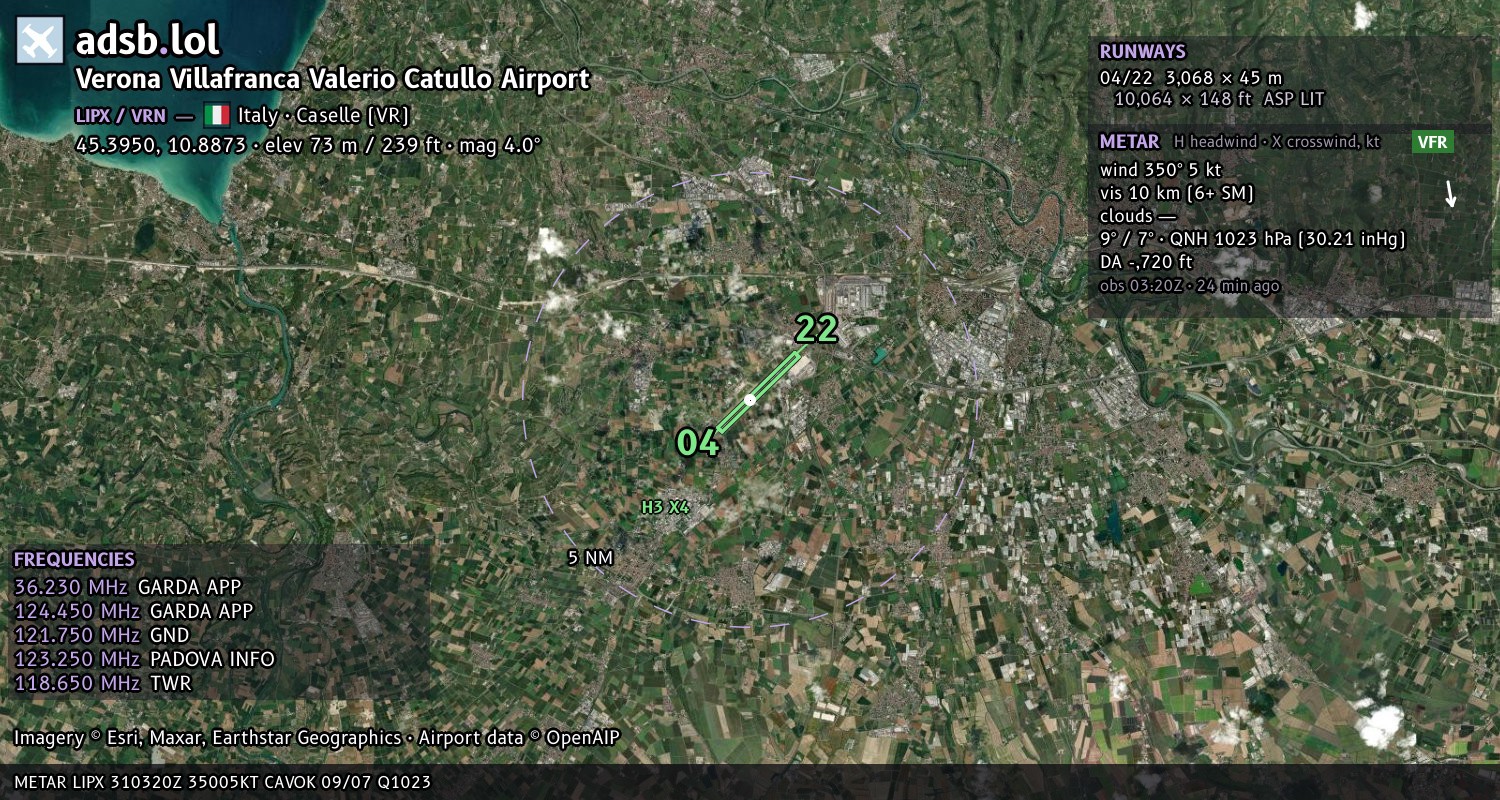 Satellite map with the runway layout of Verona Villafranca Valerio Catullo Airport (LIPX)
