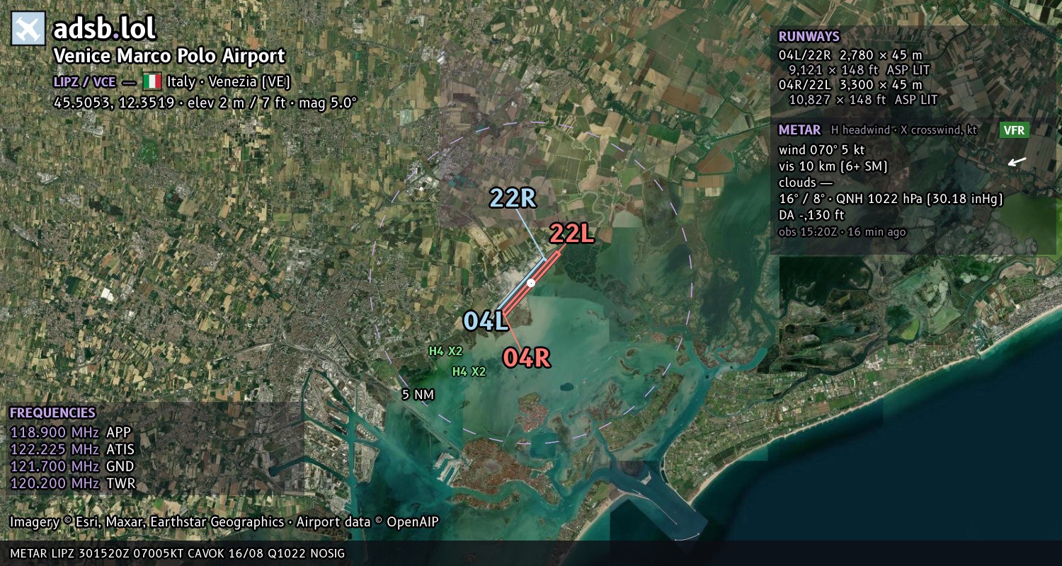 Satellite map with the runway layout of Venice Marco Polo Airport (LIPZ)
