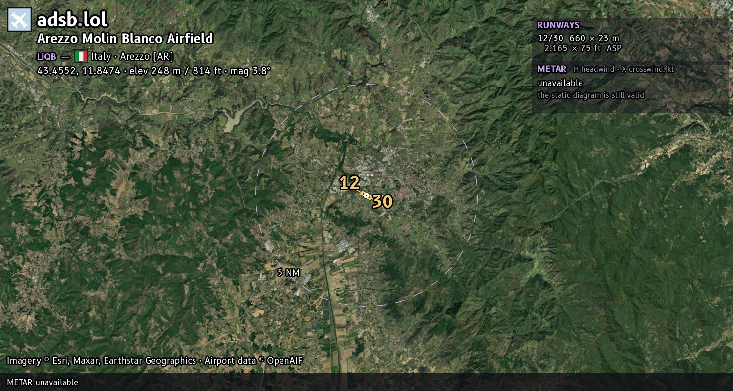 Satellite map with the runway layout of Arezzo Molin Blanco Airfield (LIQB)