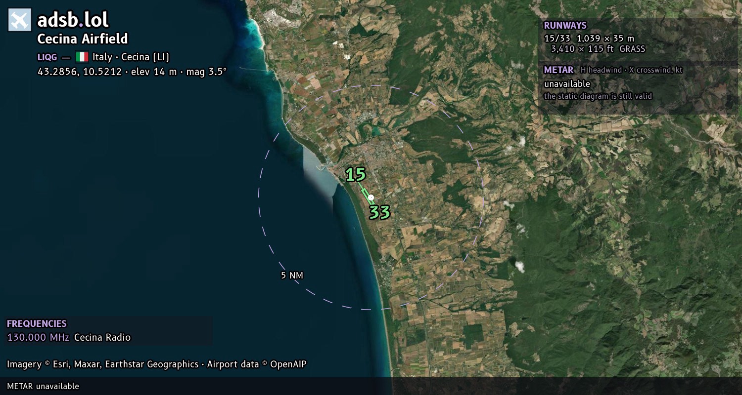 Satellite map with the runway layout of Cecina Airfield (LIQG)